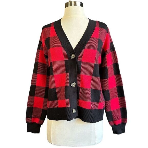 Marled Sweaters - Marled Buffalo Check Plaid Button Front Oversized Cardigan Red Black S